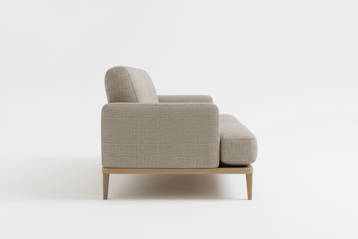 Side profile view of the modern beige ottoman sofa showing wooden legs